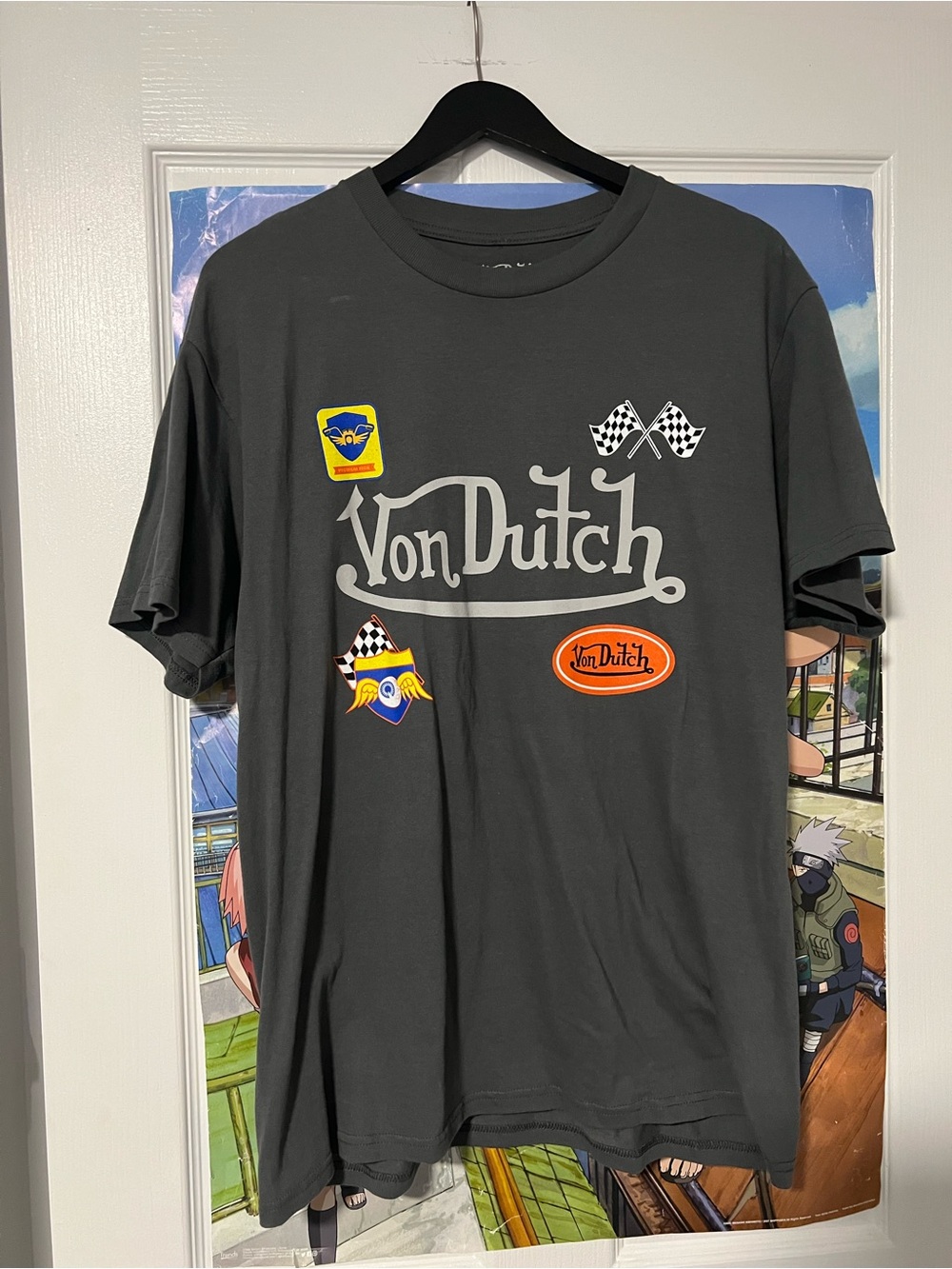 Von Dutch Black Short-Sleeve Logo Tee with Racing Patches